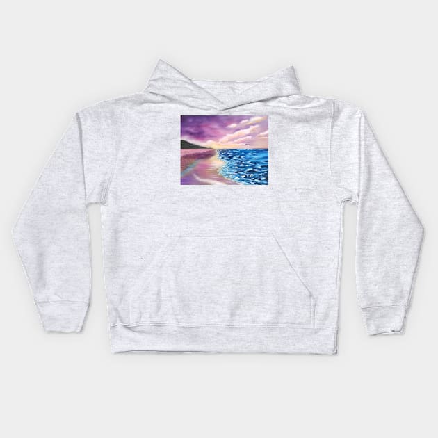 Beach Scene, Clouds, Sky, Sea, Ocean, Lavender beach, pink sky, Kids Hoodie by roxanegabriel